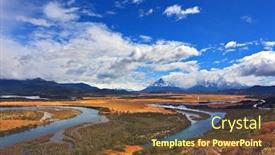  Presentation with river valley - Beautiful PPT theme featuring meandering river bed of yellow autumn coast valley surrounded by snow-capped mountains glen serrano backdrop and a tawny brown colored foreground