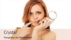  Presentation with blonde holds a magnifying glass - Cool new slide deck with measles - thinking teenage woman holding magnifying backdrop and a  colored foreground