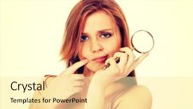  Presentation with magnifying glass - Presentation theme consisting of measles - thinking teenage woman holding magnifying background and a  colored foreground