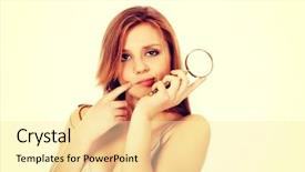  Presentation with magnifying glass - Colorful PPT layouts enhanced with measles - thinking teenage woman holding magnifying backdrop and a  colored foreground