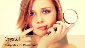  Presentation with magnifying glass - PPT layouts enhanced with measles - thinking teenage woman holding magnifying background and a yellow colored foreground