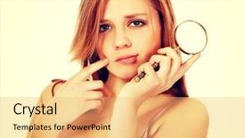  Presentation with blonde holds a magnifying glass - Presentation theme having measles - thinking teenage woman holding magnifying background and a yellow colored foreground