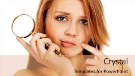  Presentation with blonde holds a magnifying glass - Amazing slide deck having measles - thinking teenage woman holding magnifying backdrop and a coral colored foreground