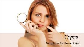  Presentation with blonde holds a magnifying glass - Beautiful PPT theme featuring measles - thinking teenage woman holding magnifying backdrop and a coral colored foreground