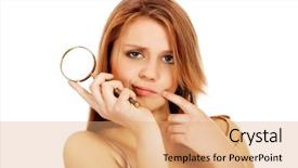  Presentation with blonde holds a magnifying glass - Cool new PPT layouts with measles - thinking teenage woman holding magnifying backdrop and a  colored foreground