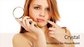  Presentation with magnifying glass - Amazing theme having measles - thinking teenage woman holding magnifying backdrop and a coral colored foreground