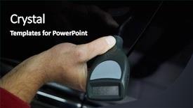  Presentation with automobile driver hand hold steering - Colorful slides enhanced with measure area - male hand holds device backdrop and a  colored foreground