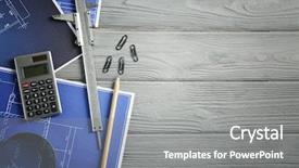  Presentation with engineering desk of civil engineer - Cool new PPT layouts with measure calculator - blueprints and engineer supplies backdrop and a gray colored foreground