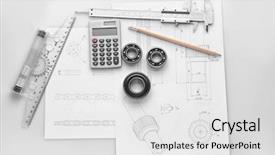  Presentation with engineering - Audience pleasing slide set consisting of measure calculator - engineering supplies and part blueprints backdrop and a light gray colored foreground