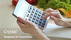  Presentation with weight loss - Slide deck consisting of measure calculator - young woman calculating calories background and a coral colored foreground