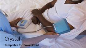  Presentation with blood pressure - Cool new theme with measurement gauge - close-up of african american female backdrop and a light blue colored foreground