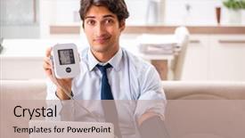  Presentation with blood pressure - Cool new PPT theme with measurement gauge - man under stress measuring his backdrop and a mint green colored foreground