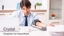  Presentation with measuring blood pressure in haitian - Beautiful slides featuring measurement gauge - man under stress measuring his backdrop and a sky blue colored foreground