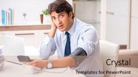  Presentation with measuring blood pressure in haitian - PPT layouts featuring measurement gauge - man under stress measuring his background and a  colored foreground