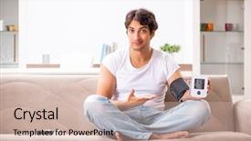  Presentation with blood pressure - Amazing theme having measurement gauge - young man measuring blood pressure backdrop and a soft green colored foreground