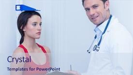  Presentation with five business people standing together and smiling - PPT theme enhanced with measurement height - smiling doctor standing in front background and a sky blue colored foreground