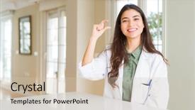  Presentation with medical smiling doctor - Slide deck with measurement psychology - young woman wearing medical coat background and a soft green colored foreground