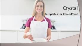  Presentation with cheerful - Presentation design enhanced with measuring cups spoon - casual cheerful blonde holding whisk background and a light gray colored foreground