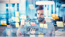  Presentation with strategic planning process - PPT theme featuring measure goals - young businessman writing on glass background and a light blue colored foreground
