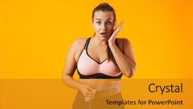  Presentation with portrait of excited overjoyed female - Presentation with measuring her waist with meter background and a gold colored foreground