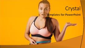  Presentation with health woman running female runner - Audience pleasing presentation consisting of measuring her waist with meter backdrop and a gold colored foreground