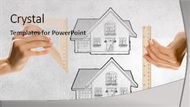  Presentation with holding people in hands - Audience pleasing PPT layouts consisting of measuring house model with ruler backdrop and a light gray colored foreground