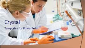  Presentation with chemical experiment - Beautiful slides featuring measuring instruments - young female chemical technicians working backdrop and a sky blue colored foreground