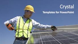  Presentation with cells solar - Amazing PPT theme having measuring solar cells on rooftop backdrop and a ocean colored foreground