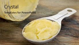  Presentation with clarified butter - Presentation design featuring abstract bokeh background blue color background and a  colored foreground.