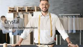  Presentation with tailor made - Amazing slide deck having measuring tape - handsome young tailor in atelier backdrop and a soft green colored foreground