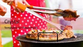  Presentation with bbq - Theme having tongs - meat and sausages on bbq background and a red colored foreground