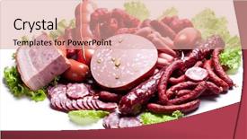  Presentation with lettuce - Slides consisting of meat and sausages on lettuce leaves isolated on white background and a coral colored foreground