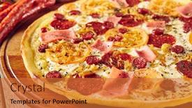  Presentation with snack - Amazing PPT theme having meat-and-tomato-pizza backdrop and a red colored foreground