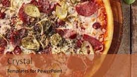  Presentation with snack food - Amazing PPT theme having meat-and-vegetable-pizza backdrop and a red colored foreground