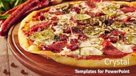  Presentation with snack food - PPT theme with meat-and-vegetable-pizza background and a tawny brown colored foreground