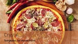  Presentation with snack food - Slide deck enhanced with meat-and-vegetable-pizza background and a red colored foreground