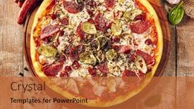  Presentation with snack food - PPT layouts enhanced with meat-and-vegetable-pizza background and a red colored foreground