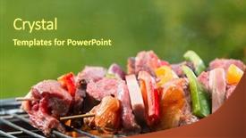  Presentation with barbecue - Audience pleasing PPT theme consisting of vegetable skewer on barbecue grill backdrop and a tawny brown colored foreground