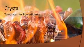  Presentation with grill - Slide set featuring meat and vegetable skewer on barbecue grill with fire background and a yellow colored foreground