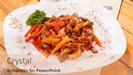  Presentation with meat - Slide deck having meat and vegetable stew background and a coral colored foreground