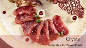  Presentation with restaurant menu - Beautiful theme featuring meat-appetizer-in-beige-ceramic backdrop and a red colored foreground