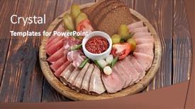  Presentation with appetizer - Slide deck consisting of meat-appetizer-on-the-wooden background and a tawny brown colored foreground