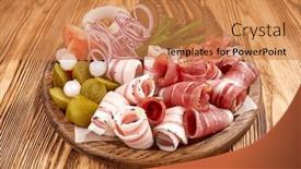  Presentation with appetizer - Slides enhanced with meat-appetizer-on-the-wooden background and a  colored foreground