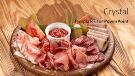  Presentation with appetizer - PPT layouts consisting of meat-appetizer-on-the-wooden background and a gold colored foreground