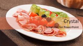  Presentation with appetizer - PPT theme consisting of meat appetizer with vegetables background and a coral colored foreground