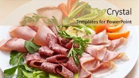  Presentation with appetizer - Beautiful PPT theme featuring meat appetizer backdrop and a coral colored foreground