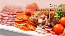  Presentation with appetizer - Audience pleasing PPT layouts consisting of meat appetizer backdrop and a coral colored foreground