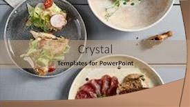  Presentation with meat beef - Slide set featuring meat-appetizers-in-ceramic-plates background and a coral colored foreground