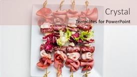  Presentation with appetizers - Amazing PPT layouts having meat-appetizers-on-the-white backdrop and a coral colored foreground