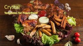  Presentation with appetizers - Cool new slide deck with meat appetizers on the wooden background backdrop and a tawny brown colored foreground